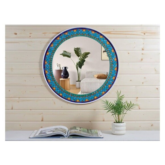 24'' Mosaic Wall Turquiose Mirror Round Decor Colorful Bathroom Living Hallway - Picture 3 of 7